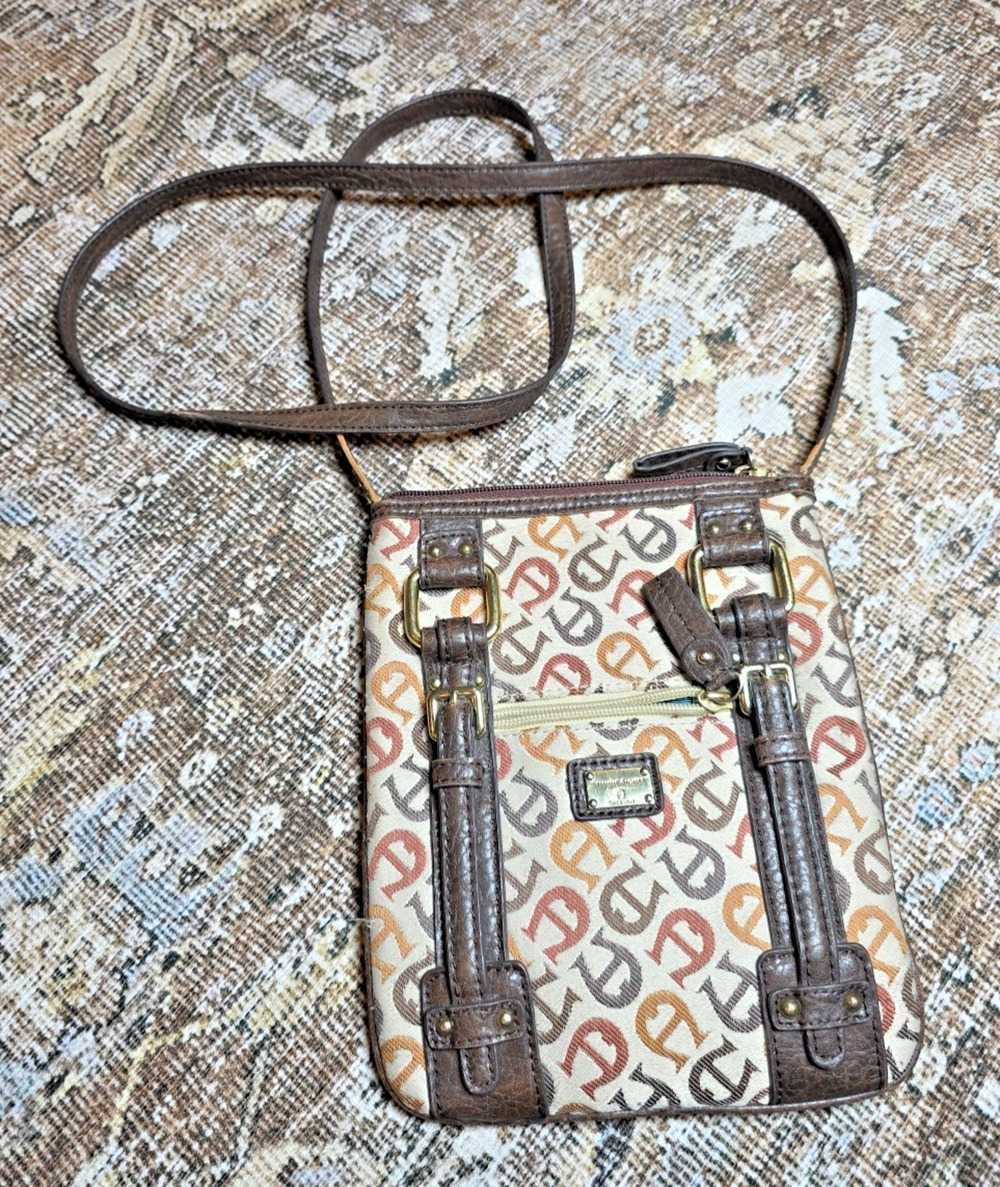 Vtg Etienne Aigner Canvas Leather Crossbody Bag Brown Tan Gold Hardware 9x8 Slim